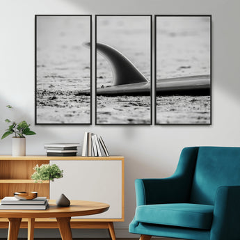 62314230-MGV-CV-36X24-Black White Surfboard Wall Art Canvas Print, Framed Minimalist Beach Art Picture Print, Surf Fin Perfect Minimalist Coastal Decor