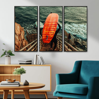84555848-MGV-CV-36X24-Surfer Stairway Wall Art Canvas Print, Framed Ocean Surf Art Picture Print, Sunset Coastal Perfect Coastal Adventure Decor Artwork