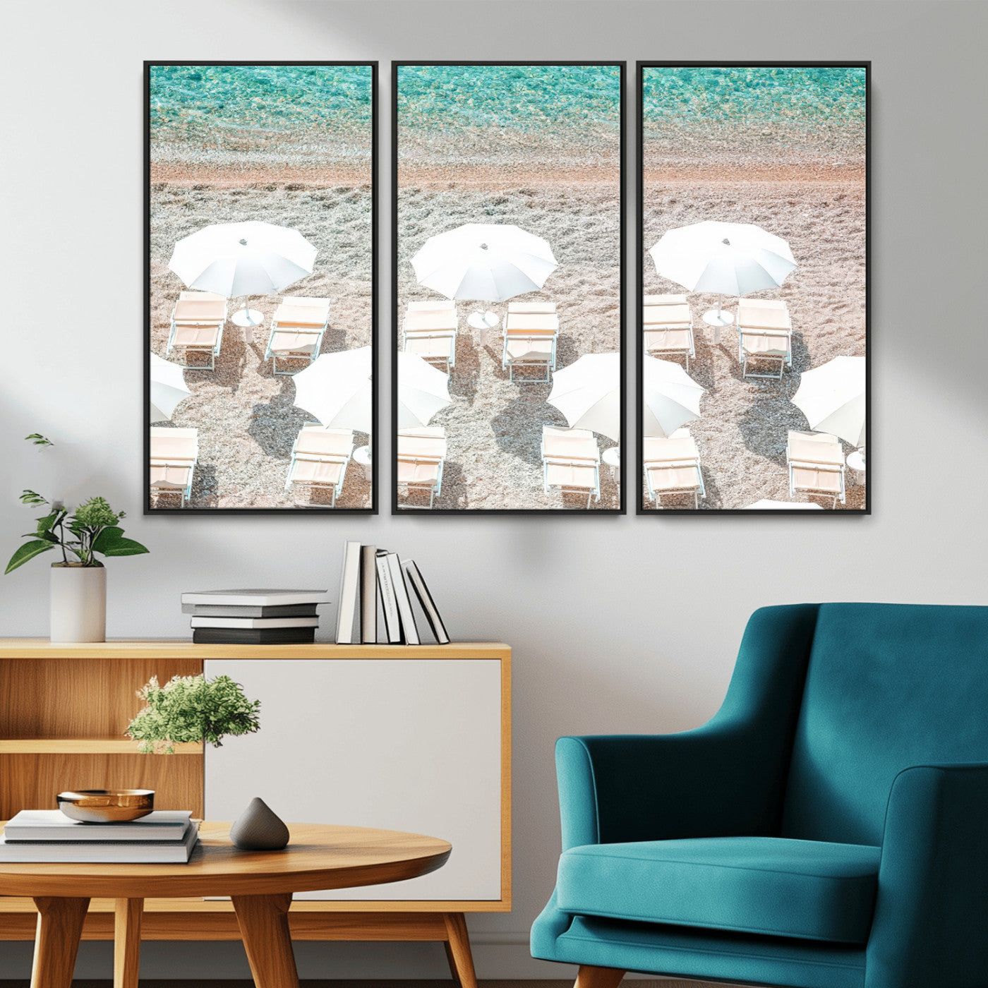 83736167-MGV-CV-36X24-Calm Beach Wall Art Canvas Print, Framed Turquoise Water Art Picture Print, Umbrella Shoreline Perfect Coastal Minimalist Decor
