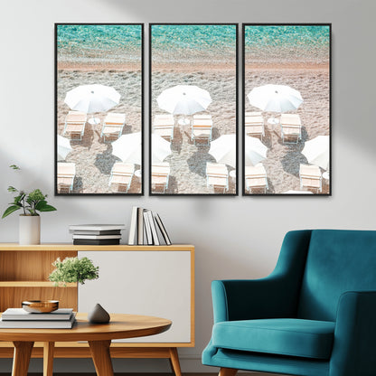 83736167-MGV-CV-36X24-Calm Beach Wall Art Canvas Print, Framed Turquoise Water Art Picture Print, Umbrella Shoreline Perfect Coastal Minimalist Decor