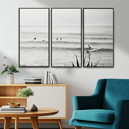 33821421-MGV-CV-36X24-Surfer Silhouette Wall Art Canvas Print, Framed Calm Ocean Art Picture Print, Monochrome Surf Perfect Minimalist Coastal Decor