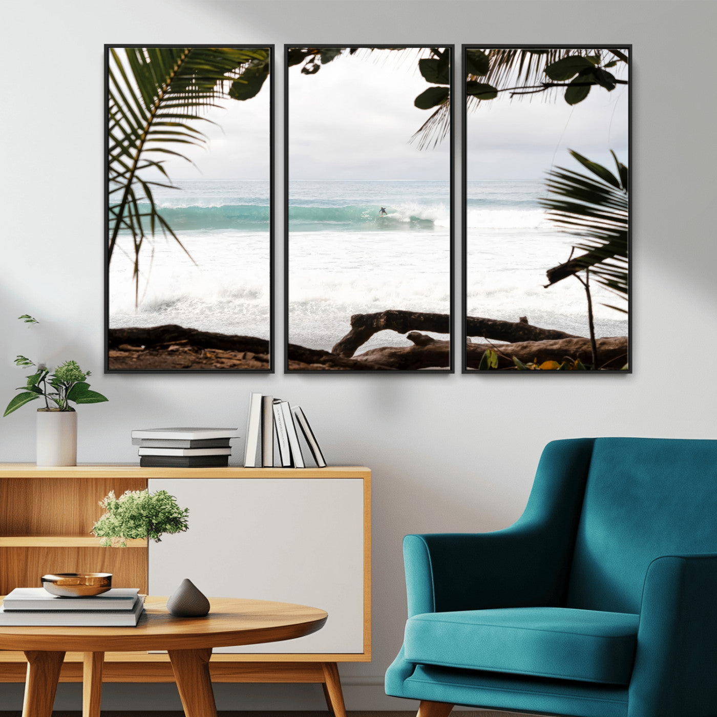 50382104-MGV-FC-48X32-3P_Black-Tropical Surf Wall Art Canvas Print, Framed Palm Tree View Art Picture Print, Beach House Art Perfect Boho Coastal Decor Artwork