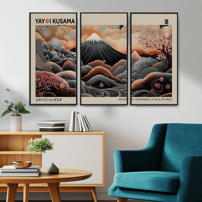 55739266-MGV-CV-36X24-Japanese Wall Art Print – Abstract Yayoi Kusama Inspired Dotted Landscape Poster, Surreal Oriental Mountain and Cherry Blossom