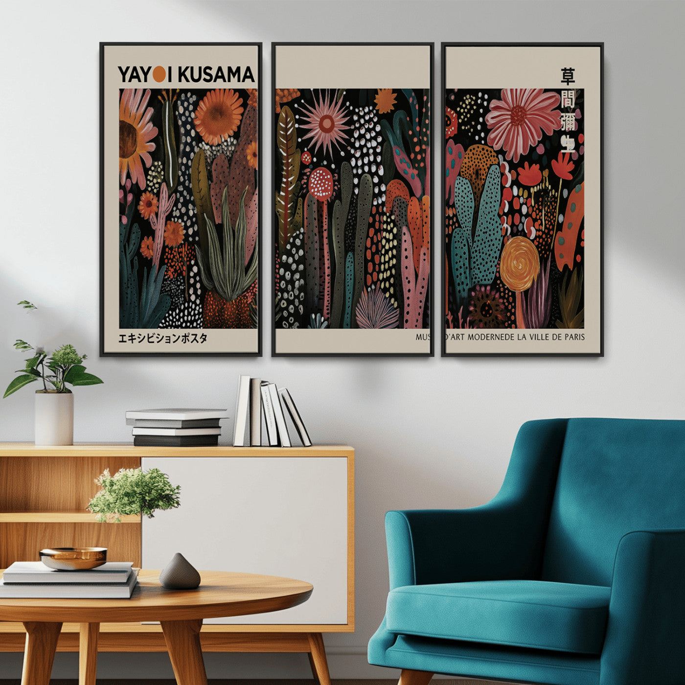 28344895-MGV-CV-36X24-Dark Floral Abstract Wall Art Poster – Modern Botanical Canvas Print with Beige Border, Kusama Inspired Boho Flower Painting,
