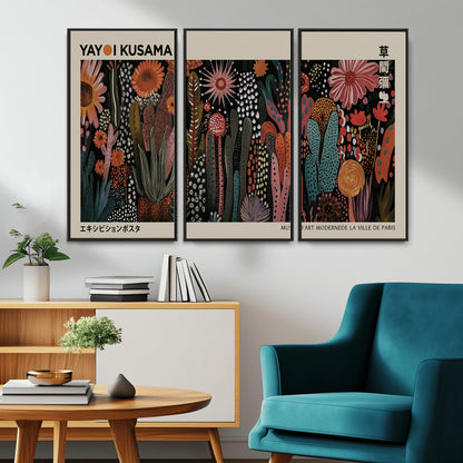 28344895-MGV-CV-36X24-Dark Floral Abstract Wall Art Poster – Modern Botanical Canvas Print with Beige Border, Kusama Inspired Boho Flower Painting,