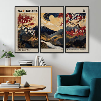 54967195-MGV-CV-36X24-Mount Fuji Wall Art – Japanese Cherry Blossom Abstract Canvas Print, Navy Gold Landscape Painting, Oriental Luxury Home Decor