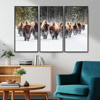 22695857-MGV-CV-36X24-Bison Herd Scene Wall Art Canvas Print, Framed Western Wildlife Art Picture Print, Rustic Animal Art Perfect Rustic Lodge Decor