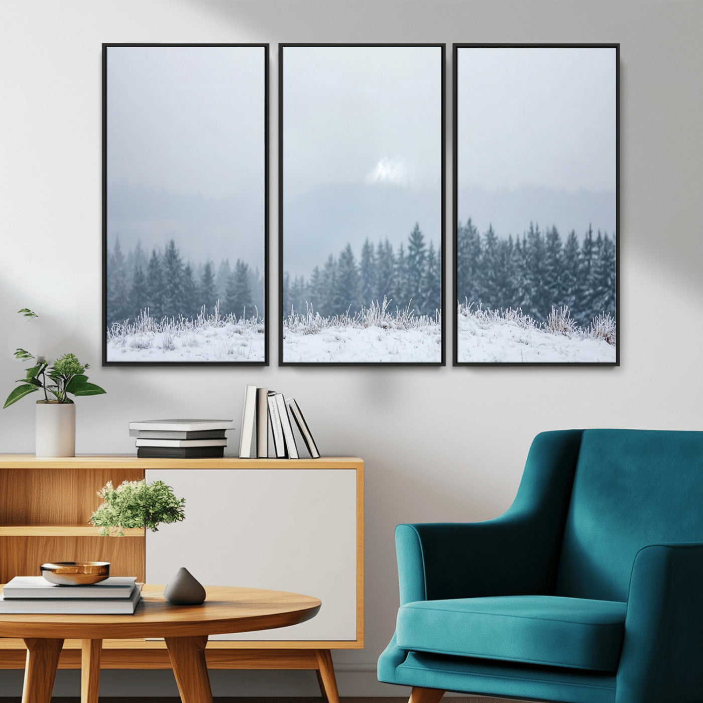 33033082-MGV-CV-36X24-Winter Forest Art Wall Art Canvas Print, Framed Snowy Landscape Art Picture Print, Misty Tree Scene Perfect Nordic Minimalist