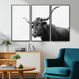 99244177-MGV-CV-36X24-Longhorn Photography Wall Art Canvas Print, Framed Western Cow Decor Art Picture Print, Black White Bull Perfect Modern Rustic