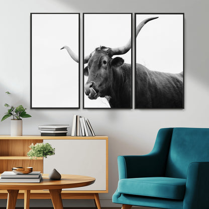 99244177-MGV-CV-36X24-Longhorn Photography Wall Art Canvas Print, Framed Western Cow Decor Art Picture Print, Black White Bull Perfect Modern Rustic