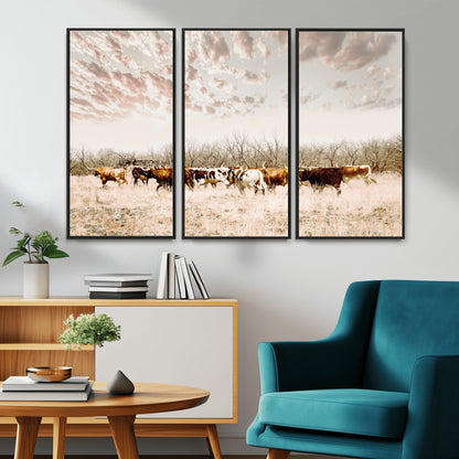 57389417-MGV-CV-36X24-Cow Herd Photography Wall Art Canvas Print, Framed Rustic Farmhouse Decor Art Picture Print, Western Ranch Style Perfect Rustic