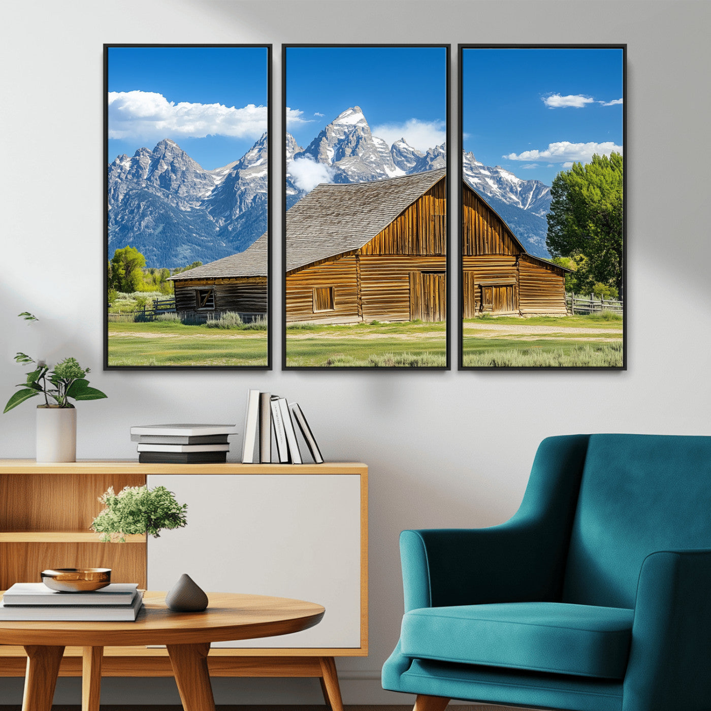 75948467-MGV-CV-36X24-Mountain Barn Scene Wall Art Canvas Print, Framed Rustic Farmhouse Style Art Picture Print, Country Cabin Decor Perfect Rustic
