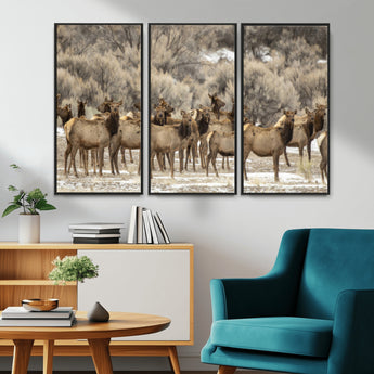 90269422-MGV-CV-36X24-Elk Herd Scene Wall Art Canvas Print, Framed Rustic Wildlife Decor Art Picture Print, Western Cabin Style Perfect Rustic Lodge