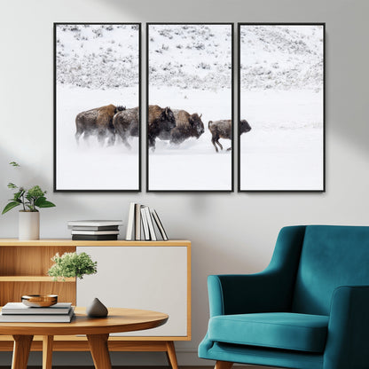 56216945-MGV-CV-36X24-Bison Herd Decor Wall Art Canvas Print, Framed Snowy Bison Scene Art Picture Print, Winter Wildlife Theme Perfect Rustic Western
