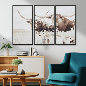48161868-MGV-CV-36X24-Longhorn Cow Decor Wall Art Canvas Print, Framed Rustic Cattle Art Picture Print, Sepia Western Vibe Perfect Neutral Rustic