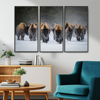 41669135-MGV-FC-48X32-3P_Black-Bison Herd Scene Wall Art Canvas Print, Framed Rustic Wildlife Decor Art Picture Print, Snowy Bison Landscape Perfect Rustic
