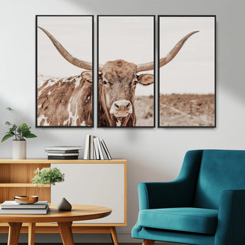 77810049-MGV-CV-36X24-Longhorn Bull Photo Wall Art Canvas Print, Framed Rustic Cow Decor Art Picture Print, Neutral Farmhouse Style Perfect Rustic