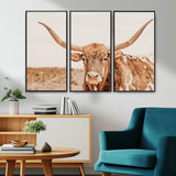 74406977-MGV-CV-36X24-Longhorn Bull Decor Wall Art Canvas Print, Framed Western Cow Theme Art Picture Print, Rustic Farmhouse Wall Perfect Neutral