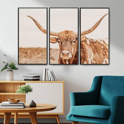 74406977-MGV-CV-36X24-Longhorn Bull Decor Wall Art Canvas Print, Framed Western Cow Theme Art Picture Print, Rustic Farmhouse Wall Perfect Neutral