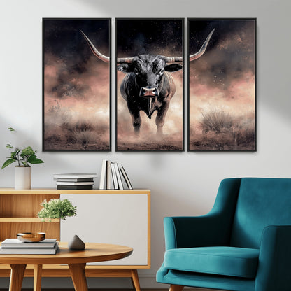 71457818-MGV-CV-36X24-Longhorn Wall Art Wall Art Canvas Print, Framed Western Bull Canvas Art Picture Print, Rustic Cow Decor Perfect Western Dramatic