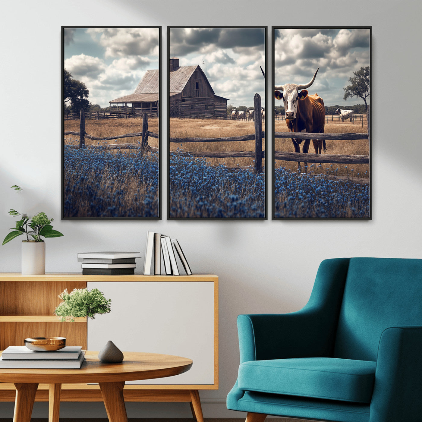 51092814-MGV-CV-36X24-Texas Longhorn Wall Art Wall Art Canvas Print, Framed Rustic Barn Canvas Art Picture Print, Farmhouse Cow Decor Perfect Rustic