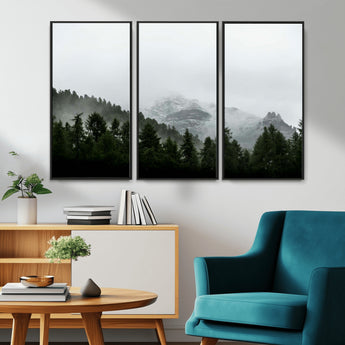 55968349-MGV-CV-36X24-Misty Mountains Wall Art Canvas Print, Framed Foggy Forest Art Picture Print, Snowy Peaks Perfect Moody Wilderness Decor Artwork
