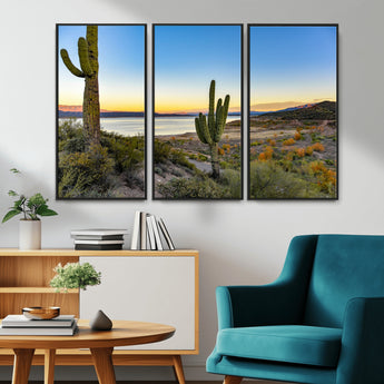 52844711-MGV-FC-48X32-3P_Black-Saguaro Cactus Wall Art Canvas Print, Framed Desert Sunset Art Picture Print, Southwestern Scene Perfect Southwestern Rustic Decor