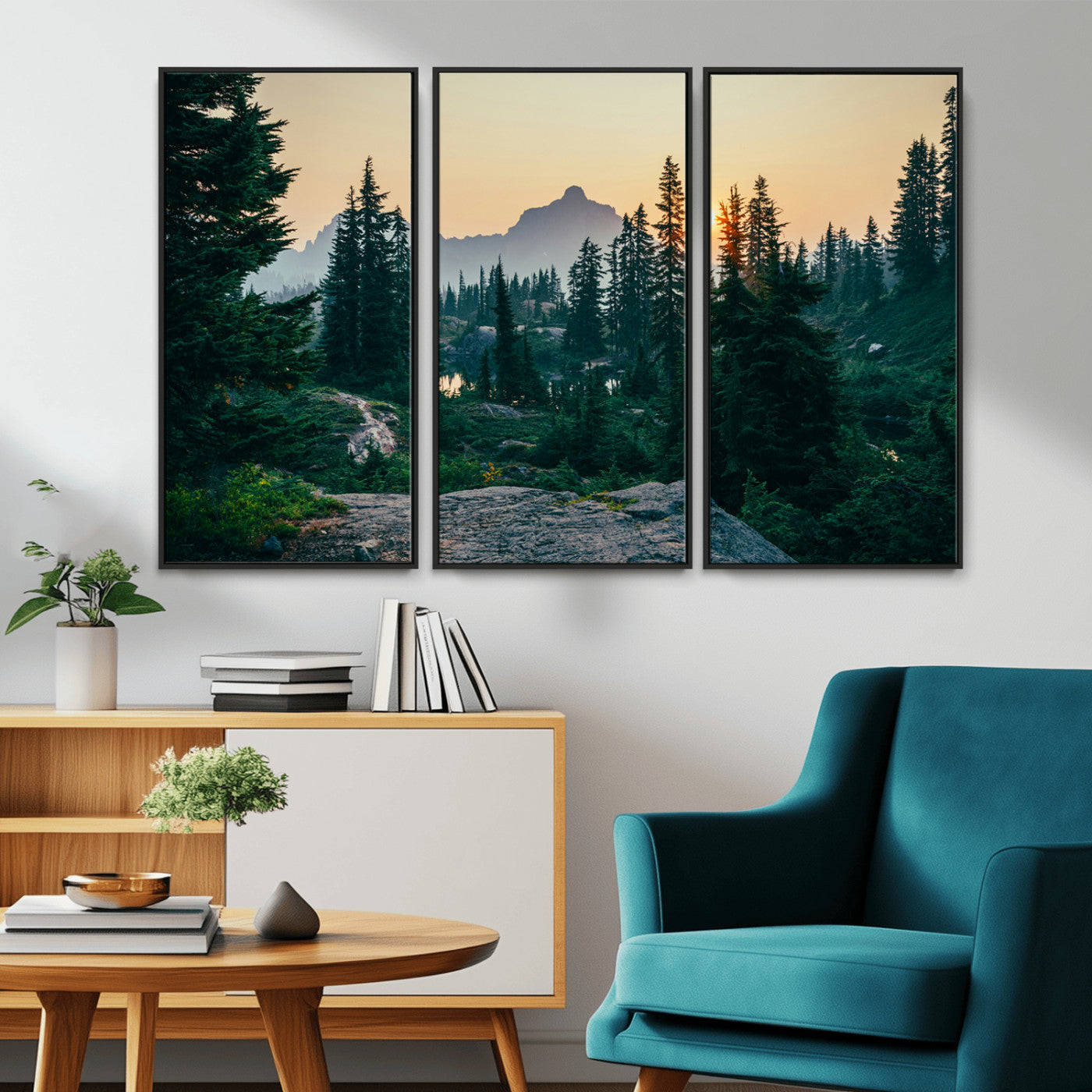 66397982-MGV-FC-48X32-3P_Black-Mountain Landscape Wall Art Canvas Print, Framed Forest Serenity Art Picture Print, Mountain Landscape Perfect Rustic Wilderness
