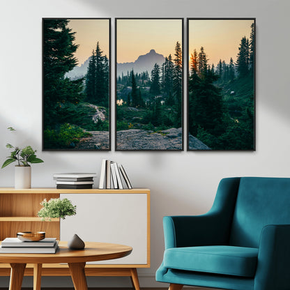 66397982-MGV-FC-48X32-3P_Black-Mountain Landscape Wall Art Canvas Print, Framed Forest Serenity Art Picture Print, Mountain Landscape Perfect Rustic Wilderness
