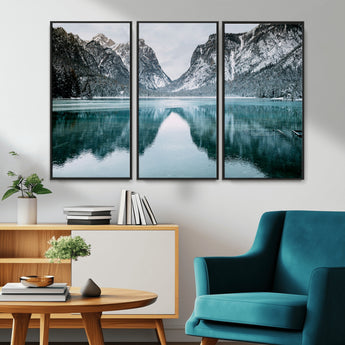 73098373-MGV-CV-36X24-Mountain Lake Wall Art Canvas Print, Framed Winter Wonderland Art Picture Print, Snowy Peaks Perfect Modern Nature Decor Artwork