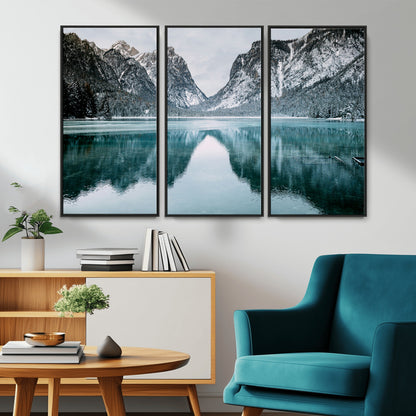 73098373-MGV-CV-36X24-Mountain Lake Wall Art Canvas Print, Framed Winter Wonderland Art Picture Print, Snowy Peaks Perfect Modern Nature Decor Artwork