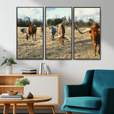 39144651-MGV-CV-36X24-Texas Longhorns Wall Art Canvas Print, Framed Rustic Farm Scene Art Picture Print, Western Cattle Perfect Rustic Farmhouse Decor