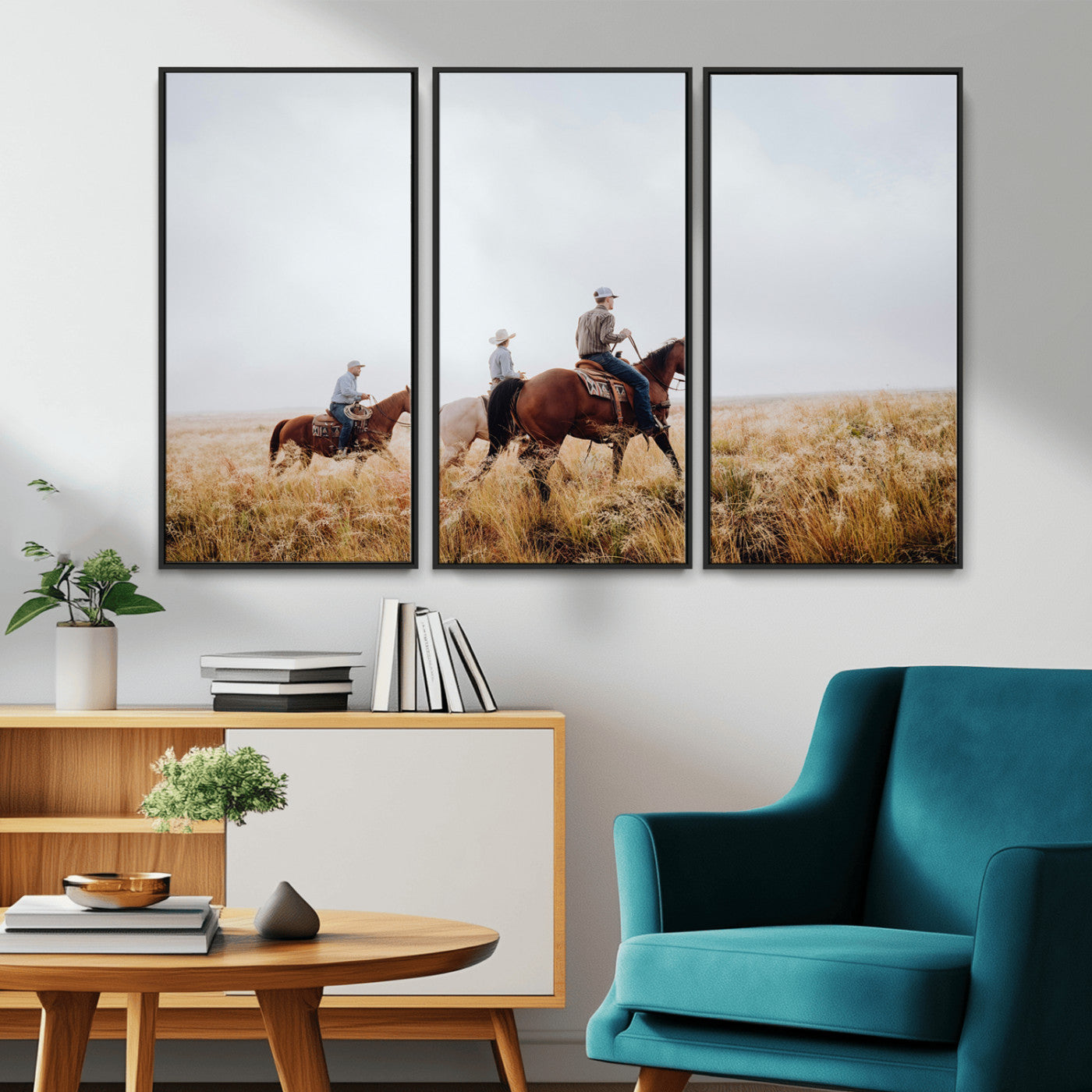 94723307-MGV-CV-36X24-Western Cowboys Wall Art Canvas Print, Framed Rustic Prairie Art Picture Print, Horseback Riding Perfect Rustic Western Decor