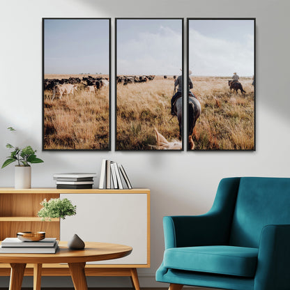 22431577-MGV-CV-36X24-Western Wall Art Wall Art Canvas Print, Framed Cowboy Canvas Art Picture Print, Cattle Drive Scene Perfect Rustic Western Decor