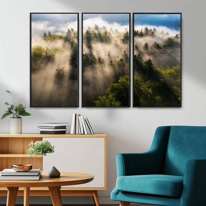 14785710-MGV-CV-36X24-Tranquil Forest Scene Wall Art Canvas Print, Framed Sunbeam Through Trees Art Picture Print, Moody Green Wall Art Perfect