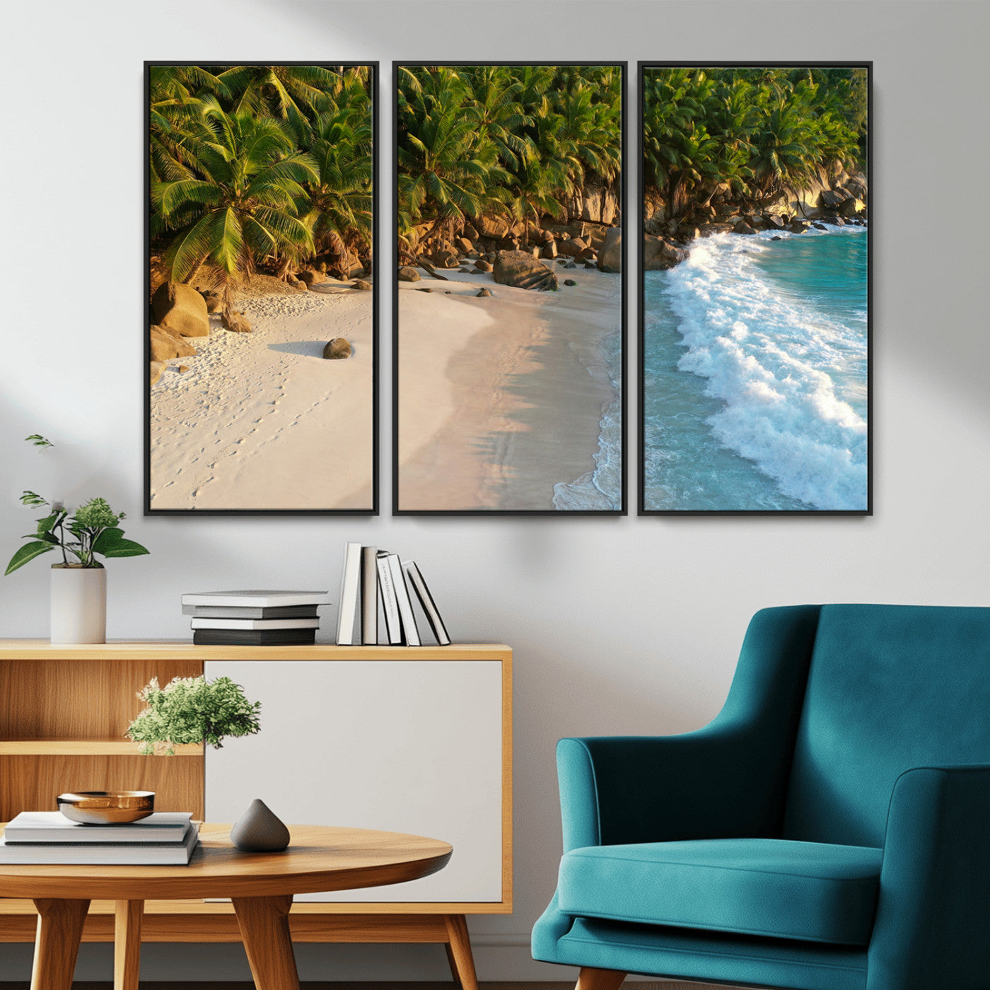 82312665-MGV-FC-48X32-3P_Black-Tropical Beach Wall Art Canvas Print, Framed Ocean Waves Art Picture Print, Palm Trees Perfect Coastal Minimalist Decor Artwork