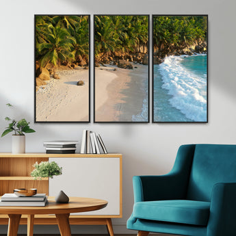 82312665-MGV-FC-48X32-3P_Black-Tropical Beach Wall Art Canvas Print, Framed Ocean Waves Art Picture Print, Palm Trees Perfect Coastal Minimalist Decor Artwork