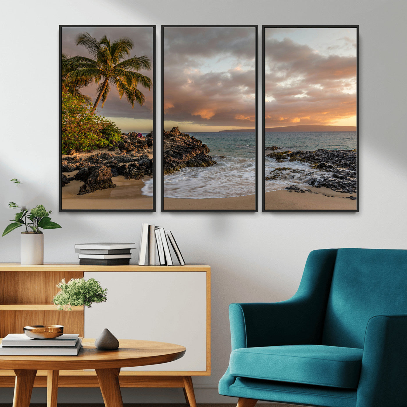 55108220-MGV-CV-36X24-Tropical Beach Wall Art Canvas Print, Framed Hawaiian Sunset Art Picture Print, Ocean Waves Perfect Coastal Tropical Decor Artwork