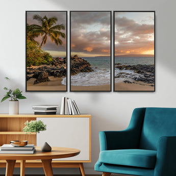 55108220-MGV-CV-36X24-Tropical Beach Wall Art Canvas Print, Framed Hawaiian Sunset Art Picture Print, Ocean Waves Perfect Coastal Tropical Decor Artwork