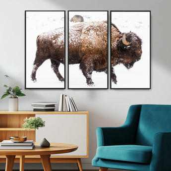 94261165-MGV-CV-36X24-Snowy Buffalo Wall Art Canvas Print, Framed Wildlife Photography Art Picture Print, Brown Tones Perfect Rustic Lodge Decor Decor
