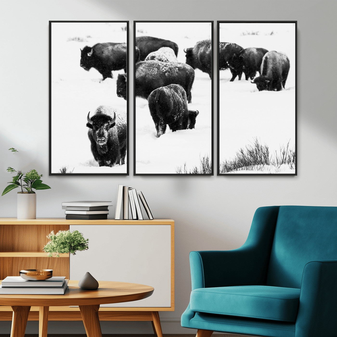 18914414-MGV-FC-48X32-3P_Black-Buffalo Herd Wall Art Canvas Print, Framed Black and White Art Picture Print, Snowy Landscape Perfect Rustic Lodge Decor Decor