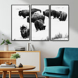 18914414-MGV-FC-48X32-3P_Black-Buffalo Herd Wall Art Canvas Print, Framed Black and White Art Picture Print, Snowy Landscape Perfect Rustic Lodge Decor Decor