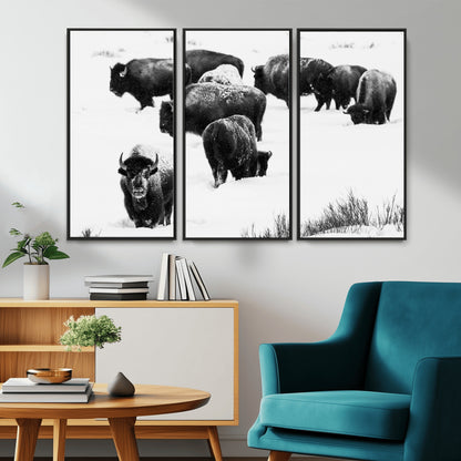 18914414-MGV-FC-48X32-3P_Black-Buffalo Herd Wall Art Canvas Print, Framed Black and White Art Picture Print, Snowy Landscape Perfect Rustic Lodge Decor Decor