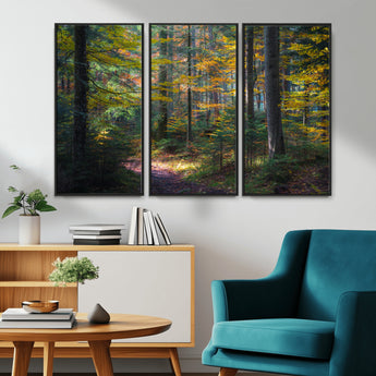 65810864-MGV-CV-36X24-Autumn Forest Wall Art Canvas Print, Framed Fall Woodland Art Picture Print, Golden Leaves Perfect Rustic Farmhouse Decor Artwork