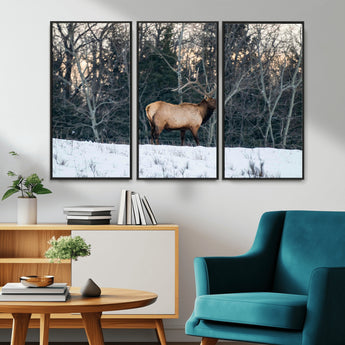 36533178-MGV-CV-36X24-Wild Elk Photography Wall Art Canvas Print, Framed Winter Wildlife Art Picture Print, Snowy Forest Perfect Rustic Lodge Decor