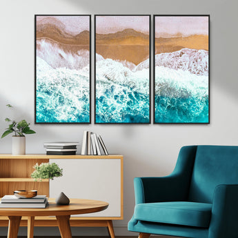 26870666-MGV-FC-48X32-3P_Black-Aerial Beach Wall Art Canvas Print, Framed Ocean Waves Art Picture Print, Coastal Landscape Perfect Coastal Minimalist Decor