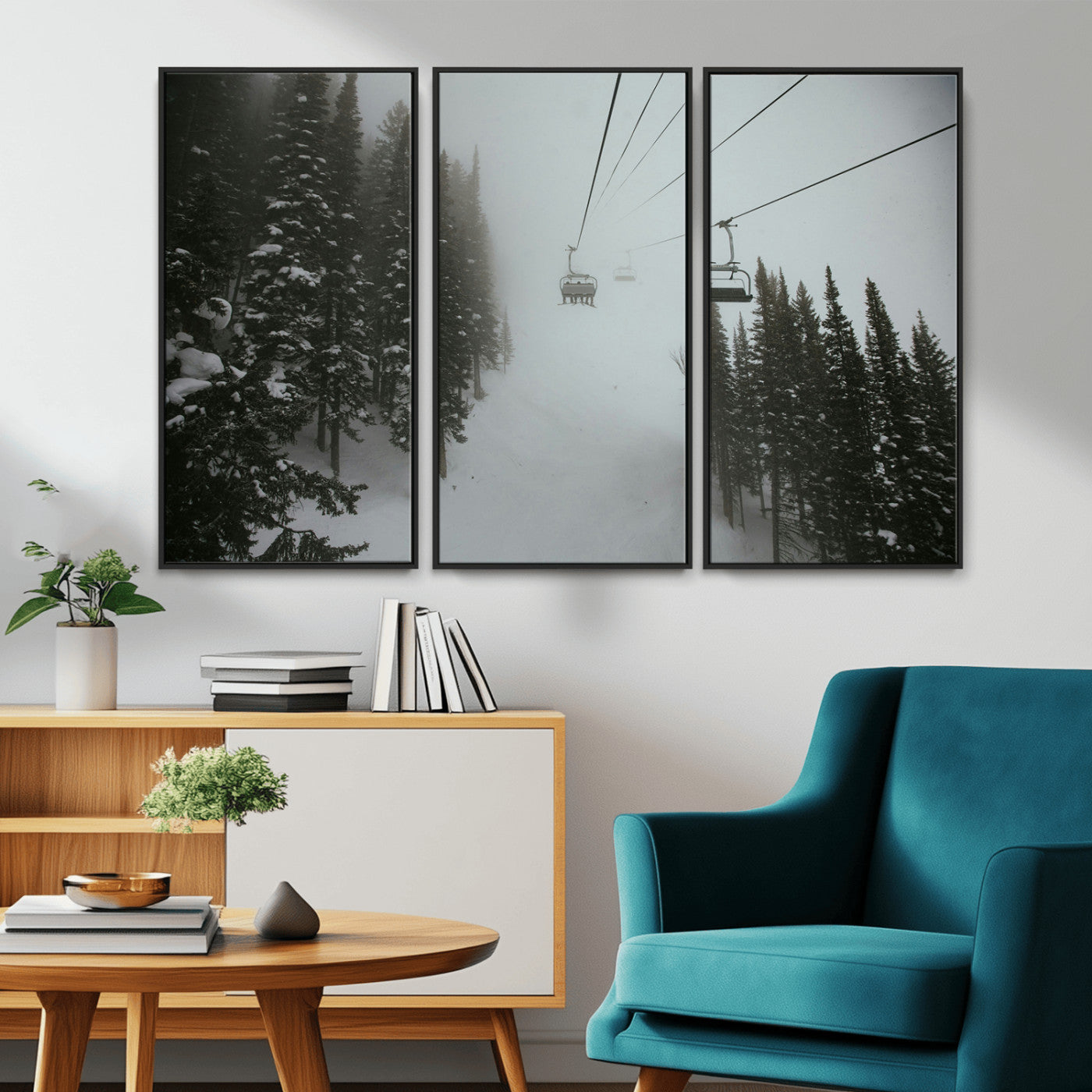 87018452-MGV-CV-36X24-Ski Lift Wall Art Canvas Print, Framed Snowy Pines Art Picture Print, Misty Landscape Perfect Winter Serenity Decor Artwork