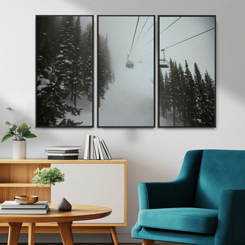 87018452-MGV-CV-36X24-Ski Lift Wall Art Canvas Print, Framed Snowy Pines Art Picture Print, Misty Landscape Perfect Winter Serenity Decor Artwork