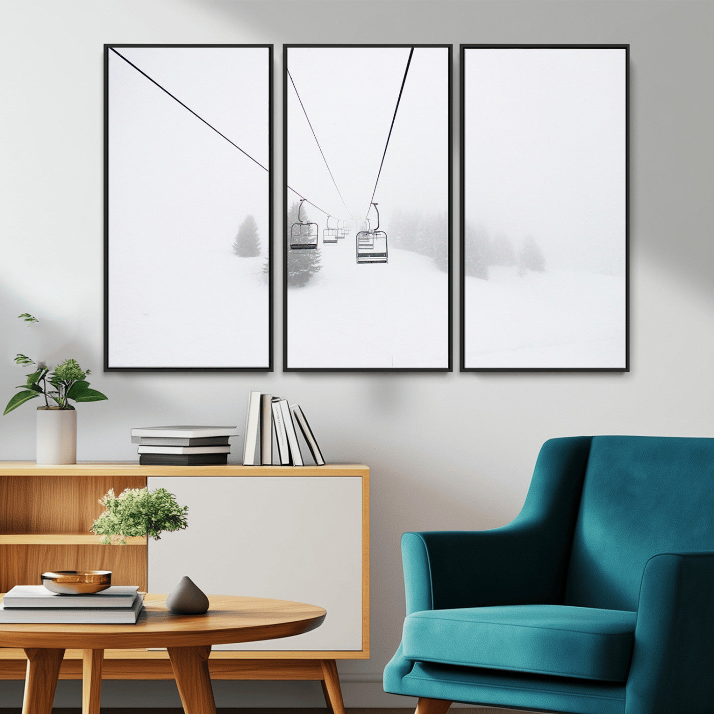 20216390-MGV-CV-36X24-Ski Lift Wall Art Canvas Print, Framed Snowy Landscape Art Picture Print, Alpine Adventure Perfect Nordic Minimalist Decor Artwork