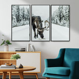 13316292-MGV-CV-36X24-Moose in Snow Wall Art Canvas Print, Framed Winter Wildlife Art Picture Print, Snowy Forest Scene Perfect Rustic Lodge Decor